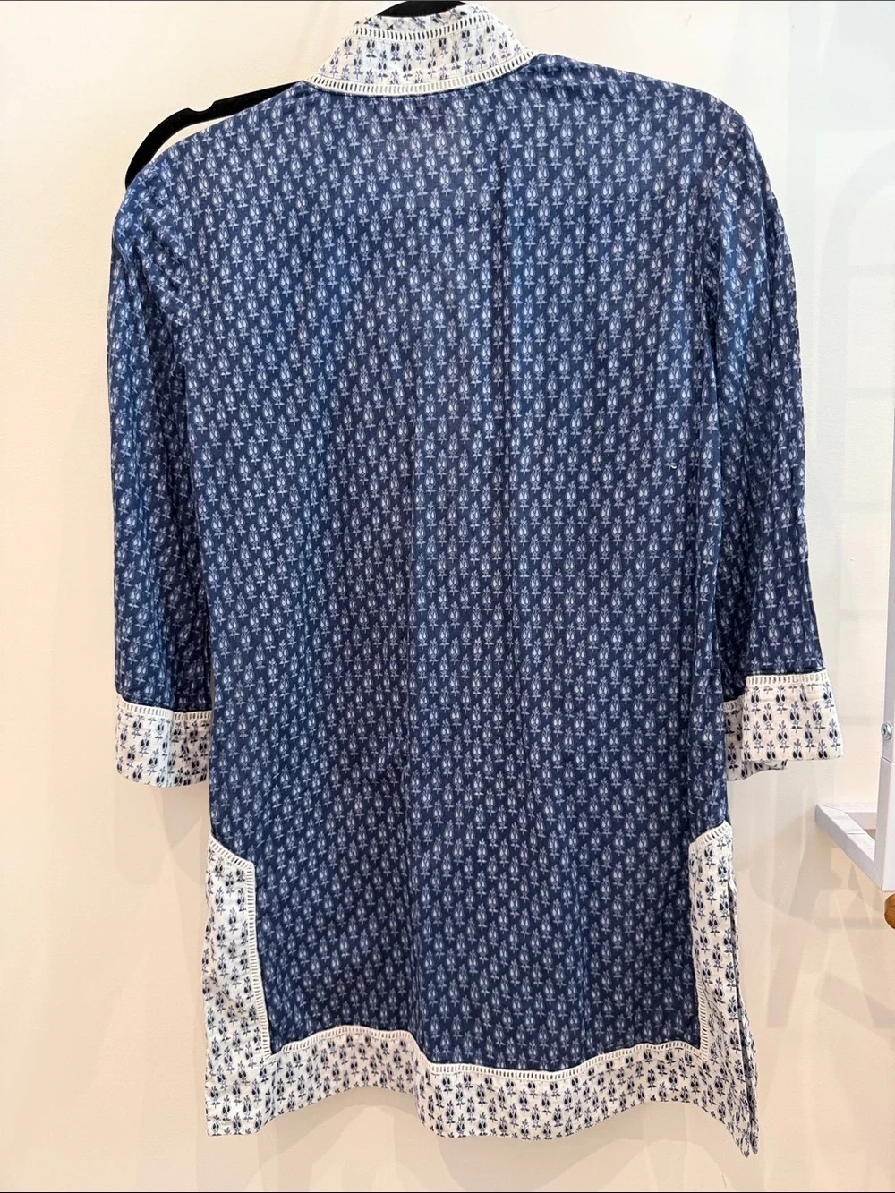 Tory Burch Navy Blue Printed Tunic with White Contrast Trim
